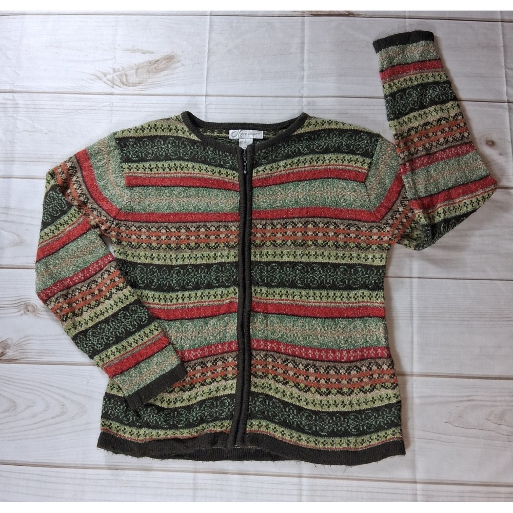 Dressbarn Vintage 90s Cardigan Sweater Size L Fair Isle Stripe Full Zip Boho
